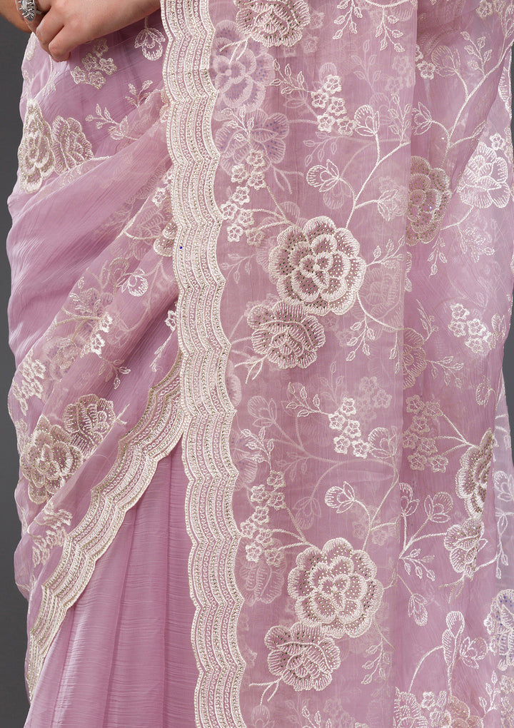 Onion Pink Threadwork Chiffon Saree