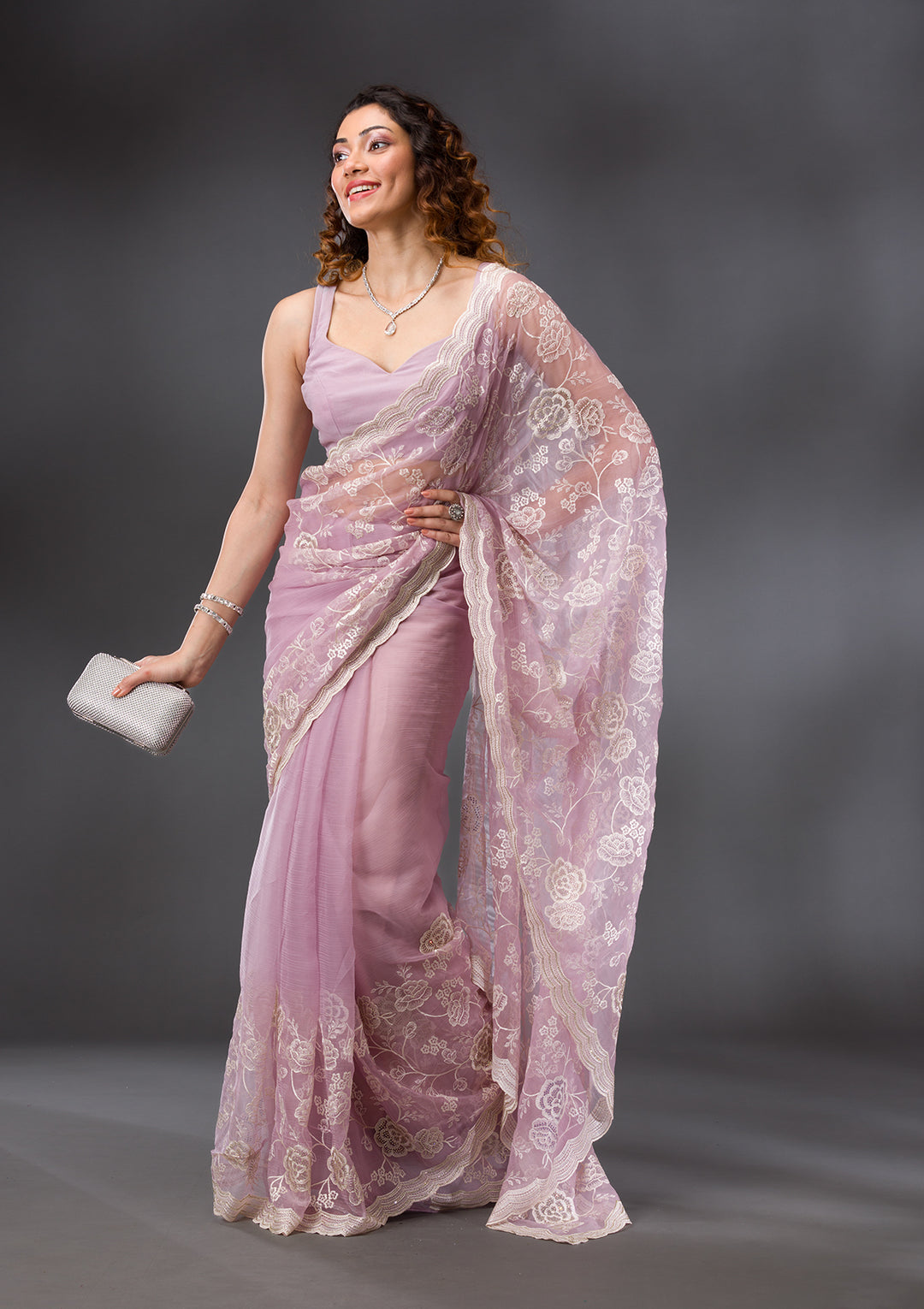 Onion Pink Threadwork Chiffon Saree