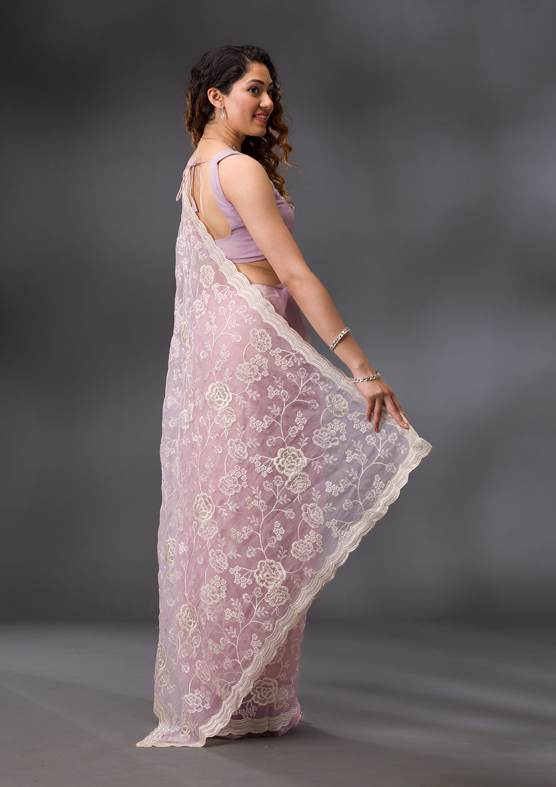 Onion Pink Threadwork Chiffon Saree