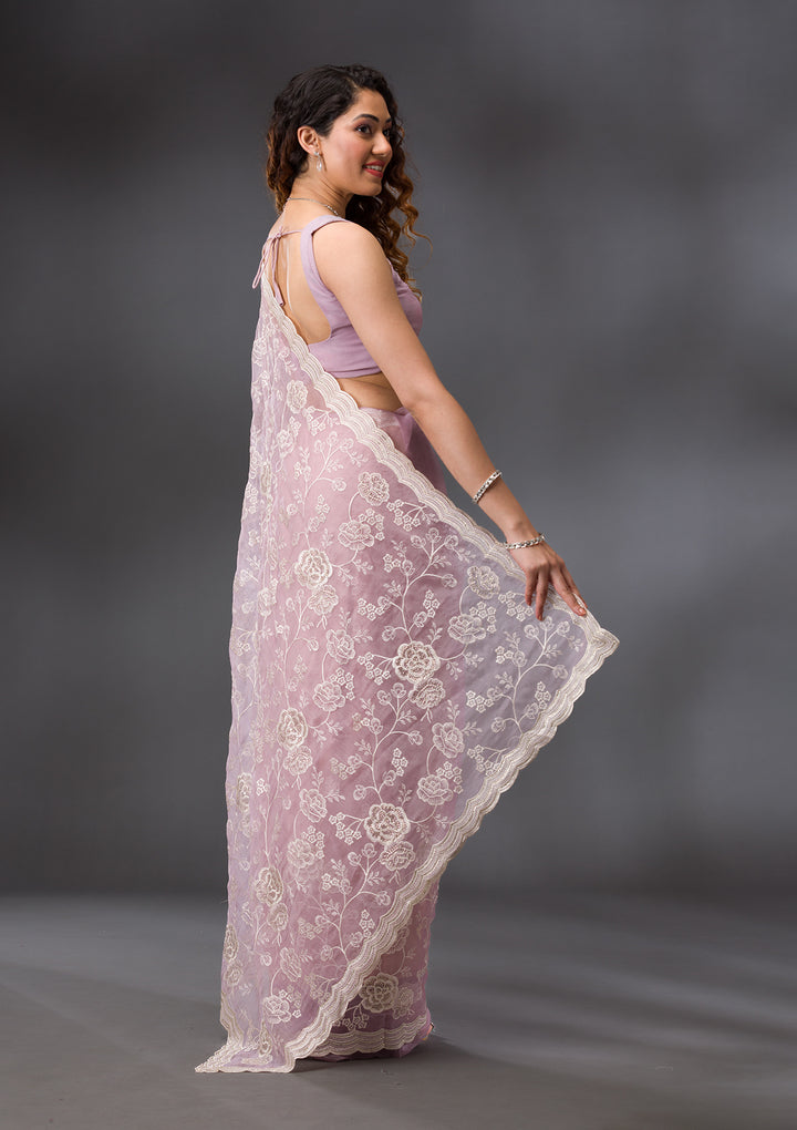 Onion Pink Threadwork Chiffon Saree