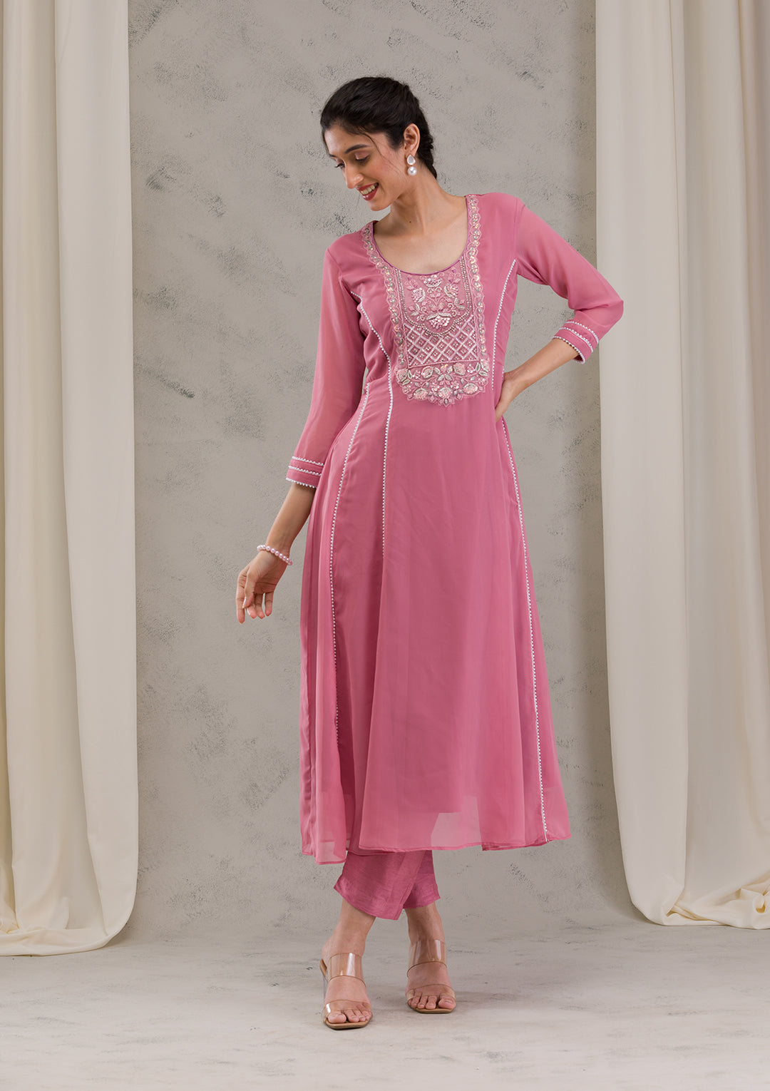 Onion Pink Cutdana Georgette Readymade Anarkali Suit
