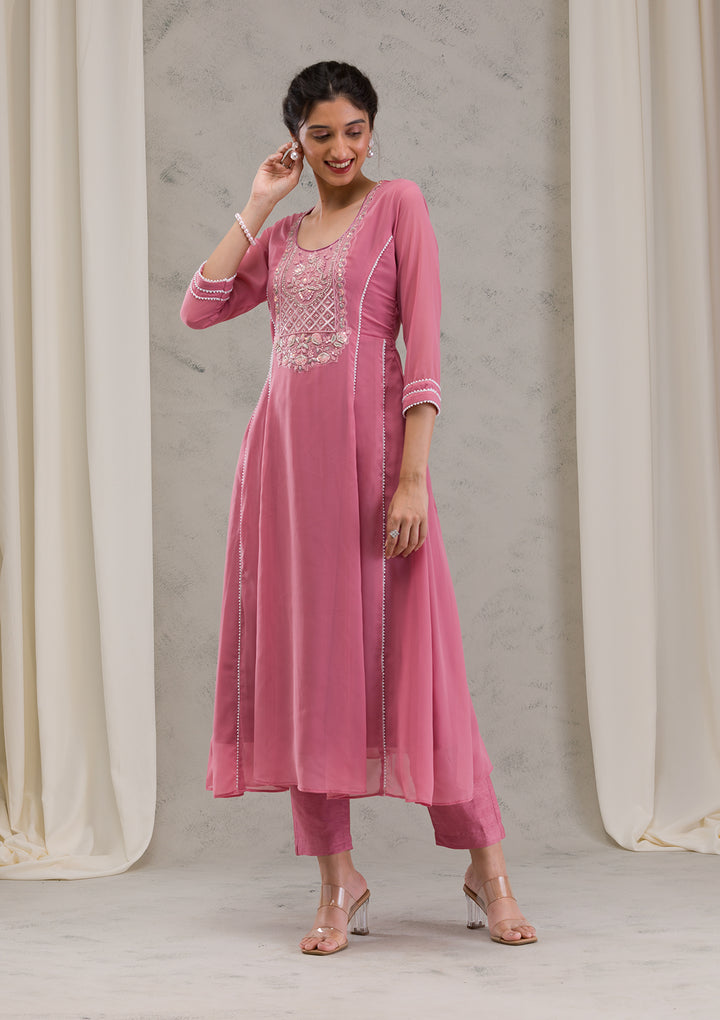Onion Pink Cutdana Georgette Readymade Anarkali Suit