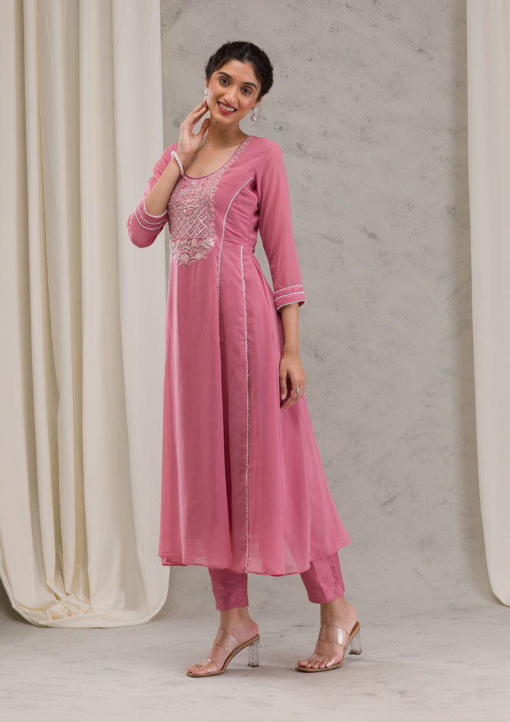 Onion Pink Cutdana Georgette Readymade Anarkali Suit