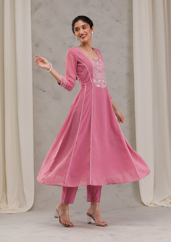 Onion Pink Cutdana Georgette Readymade Anarkali Suit