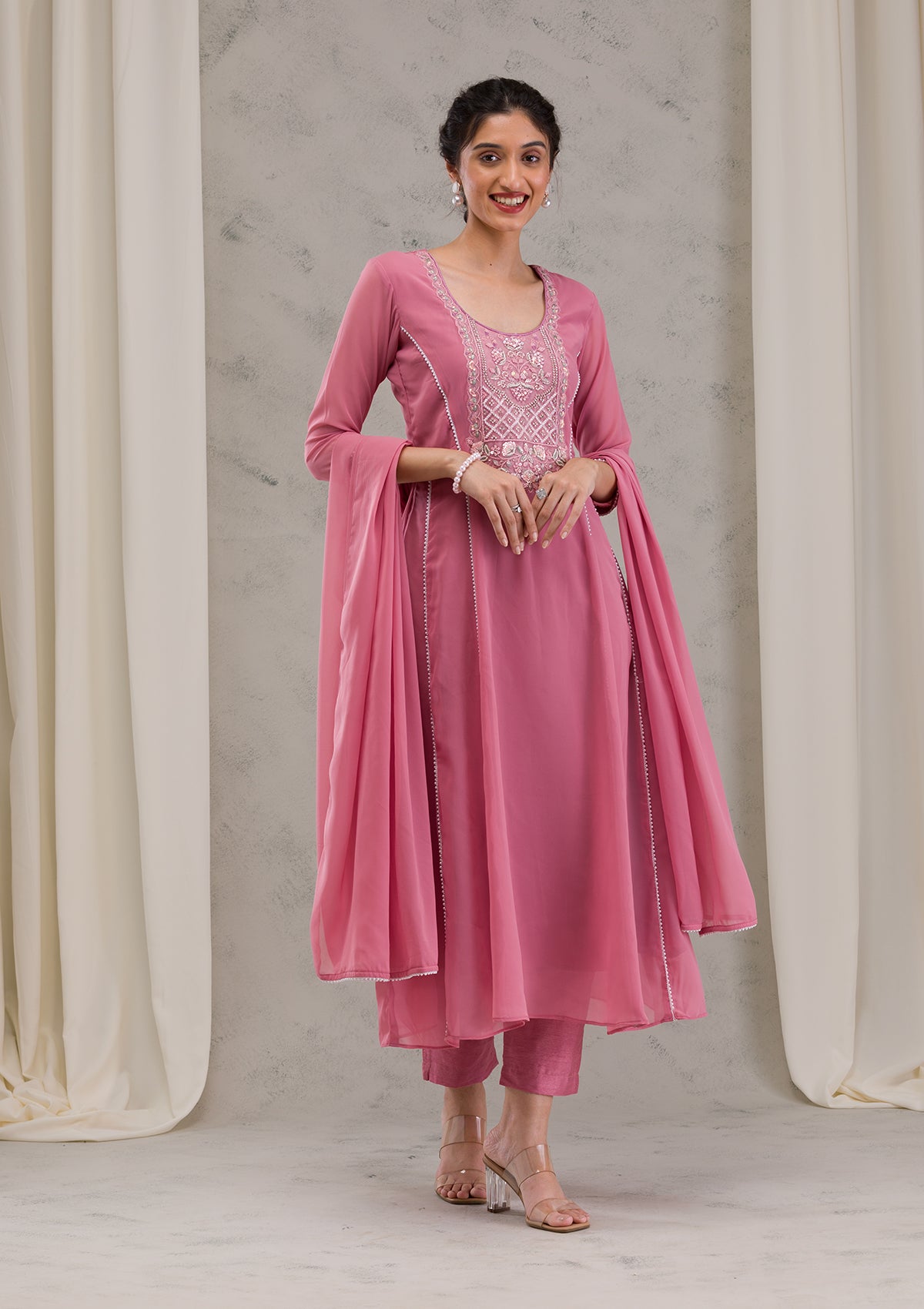 Onion Pink Cutdana Georgette Readymade Salwar Suit