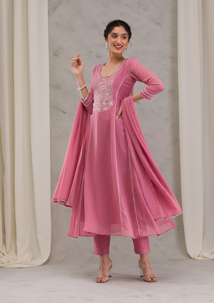 Onion Pink Cutdana Georgette Readymade Anarkali Suit