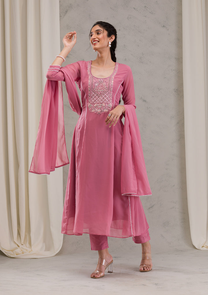 Onion Pink Cutdana Georgette Readymade Anarkali Suit