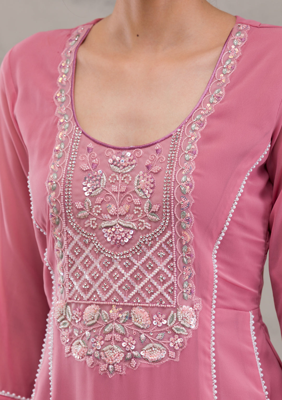 Onion Pink Cutdana Georgette Readymade Anarkali Suit