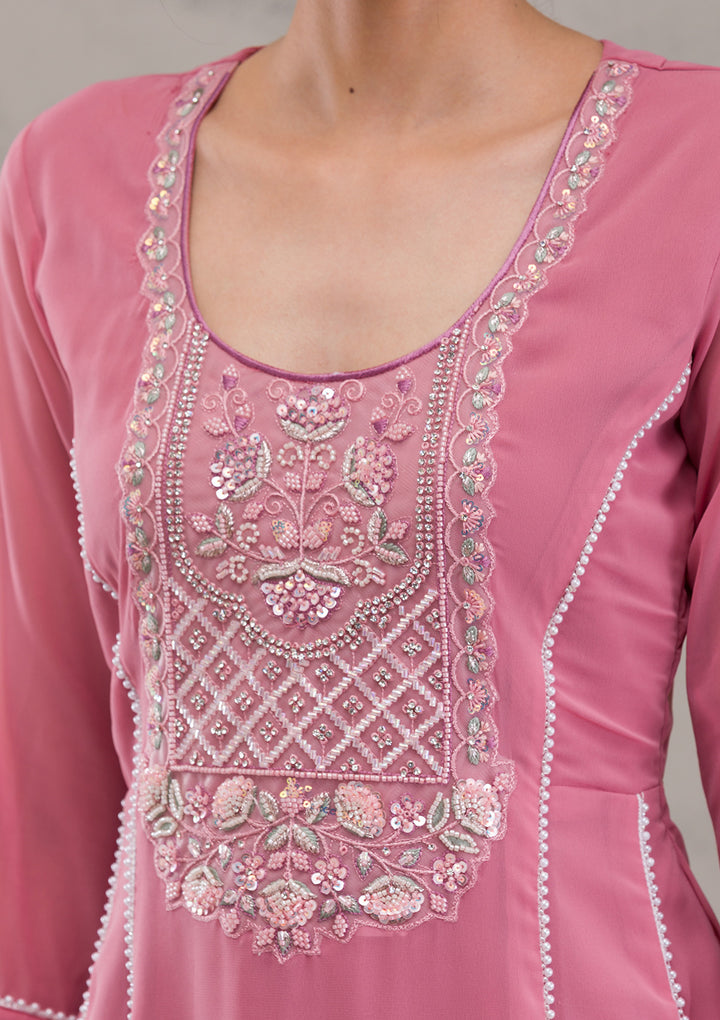 Onion Pink Cutdana Georgette Readymade Anarkali Suit