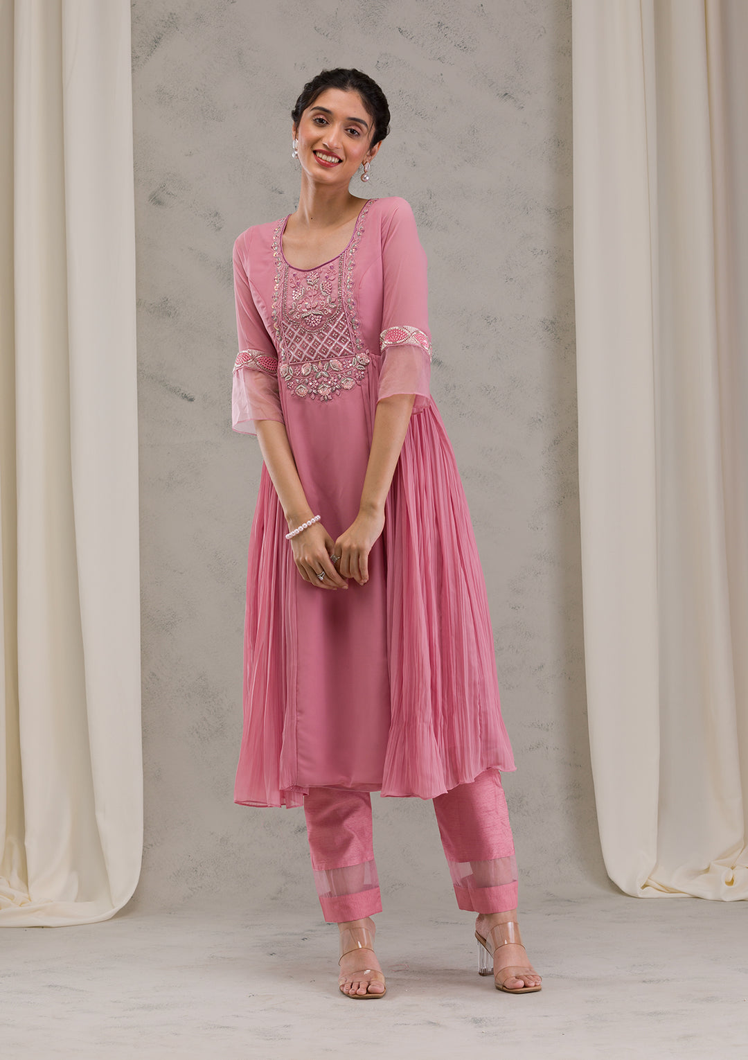 Onion Pink Cutdana Georgette Readymade Anarkali Suit