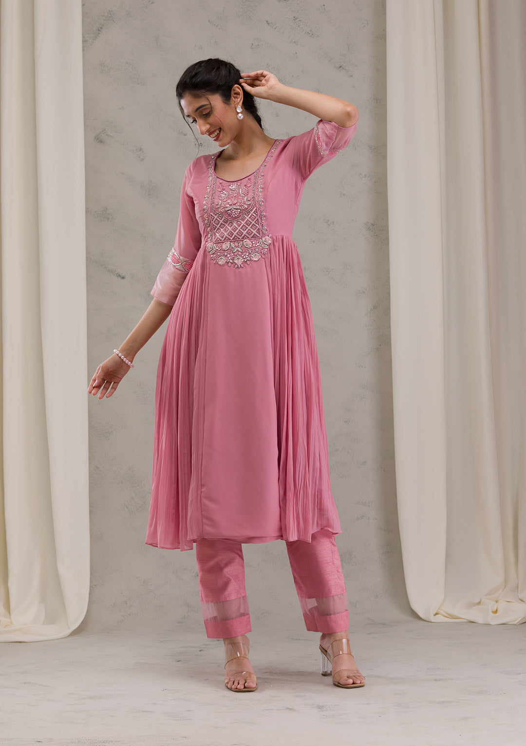 Onion Pink Cutdana Georgette Readymade Anarkali Suit