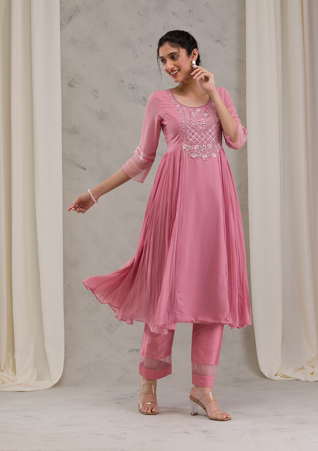 Onion Pink Cutdana Georgette Readymade Anarkali Suit