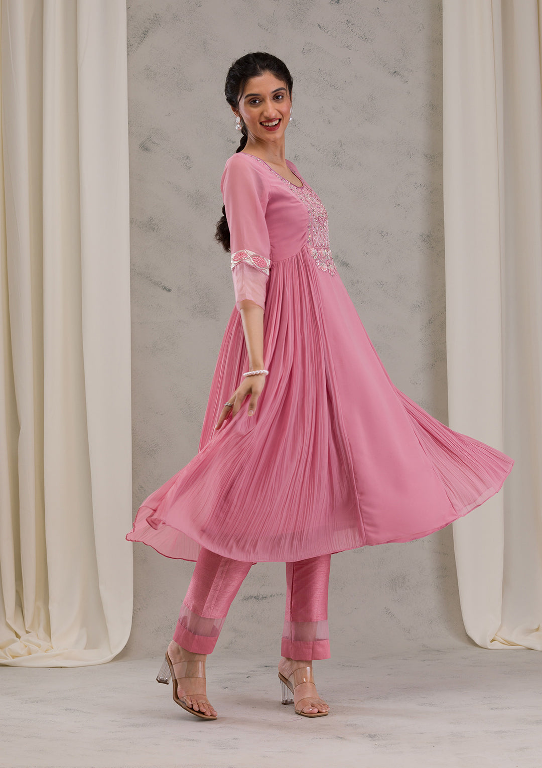 Onion Pink Cutdana Georgette Readymade Anarkali Suit