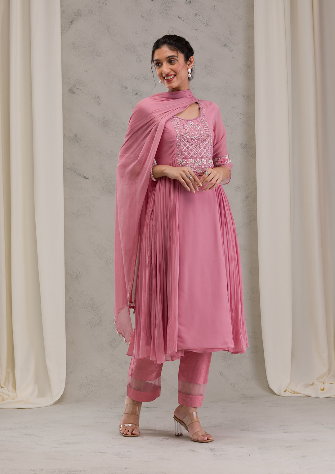 Onion Pink Cutdana Georgette Readymade Anarkali Suit