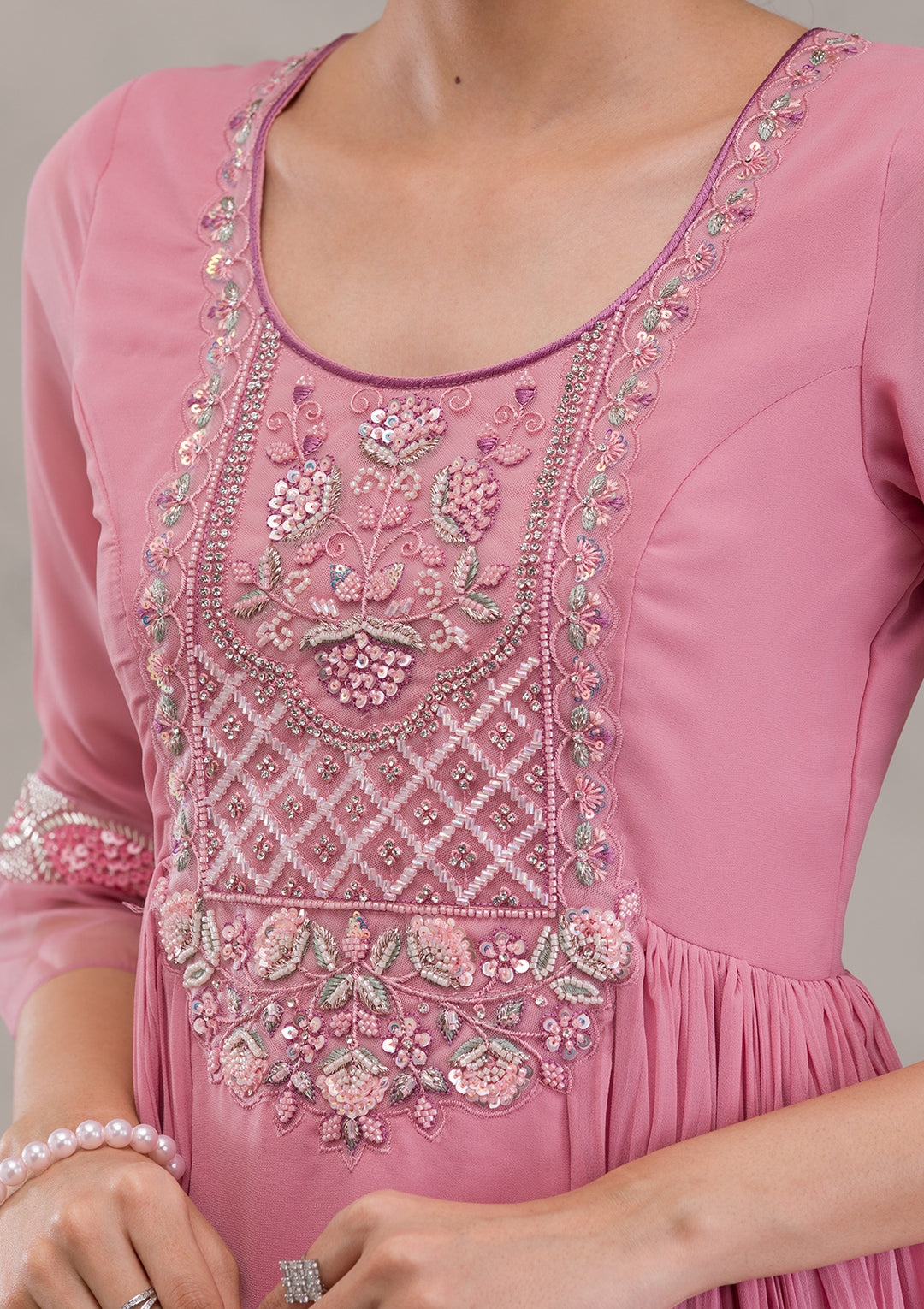 Onion Pink Cutdana Georgette Readymade Anarkali Suit