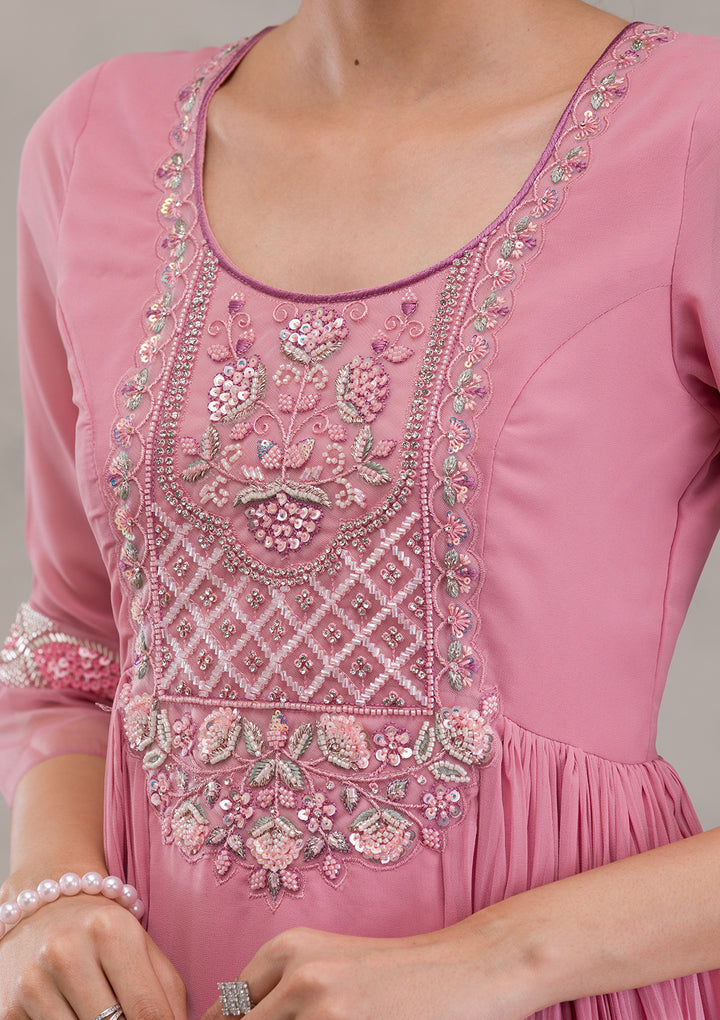 Onion Pink Cutdana Georgette Readymade Anarkali Suit