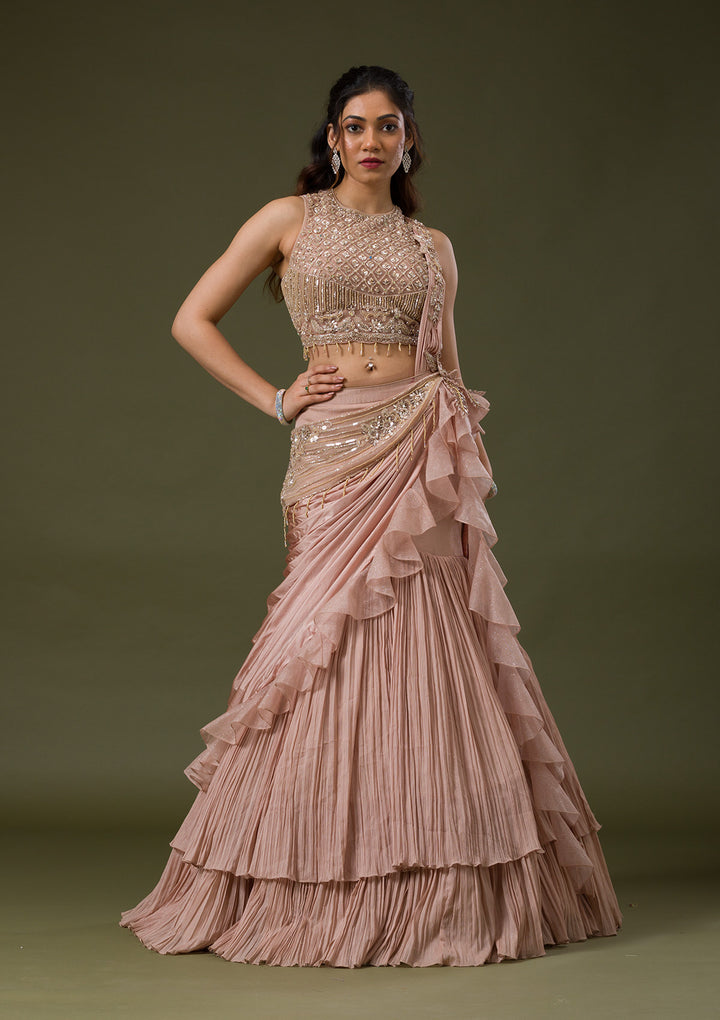 Onion Pink Cutdana Lycra Readymade Lehenga