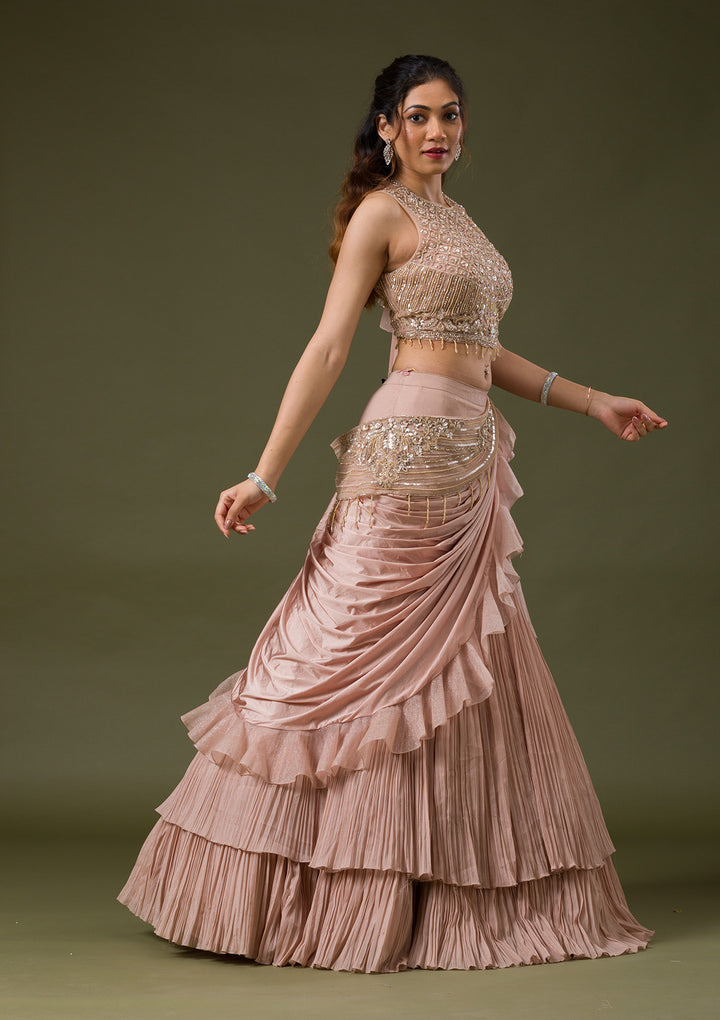 Onion Pink Cutdana Lycra Readymade Lehenga
