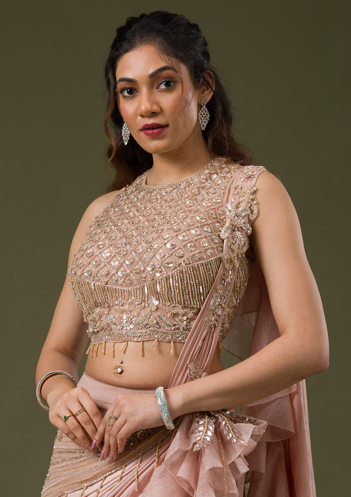 Onion Pink Cutdana Lycra Readymade Lehenga
