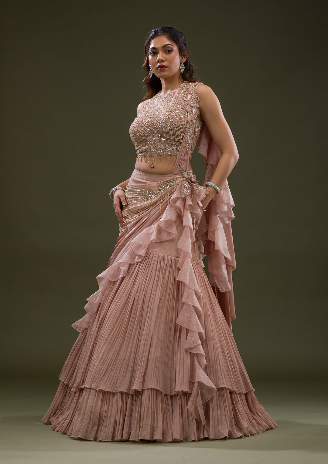 Onion Pink Cutdana Lycra Readymade Lehenga