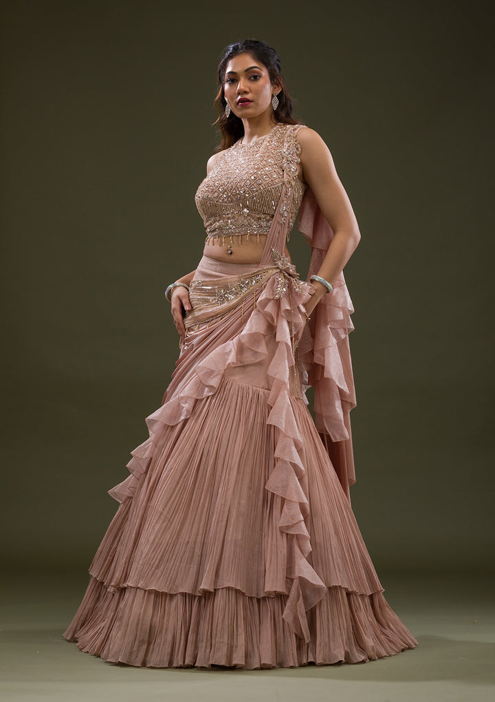 Onion Pink Cutdana Lycra Readymade Lehenga