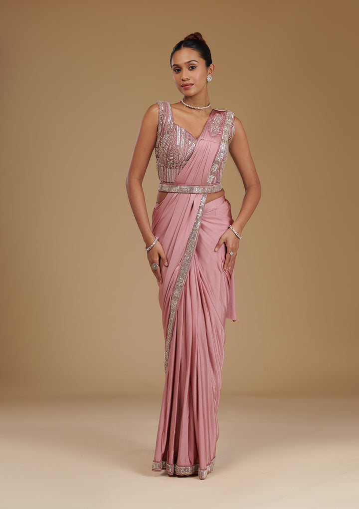 Onion Pink Cutdana Satin Readymade Saree