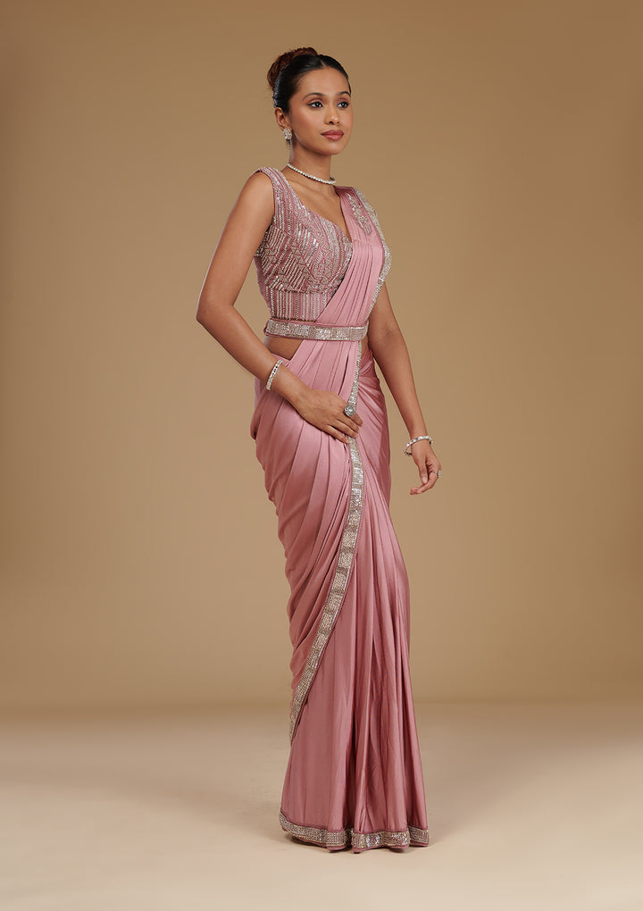 Onion Pink Cutdana Satin Readymade Saree