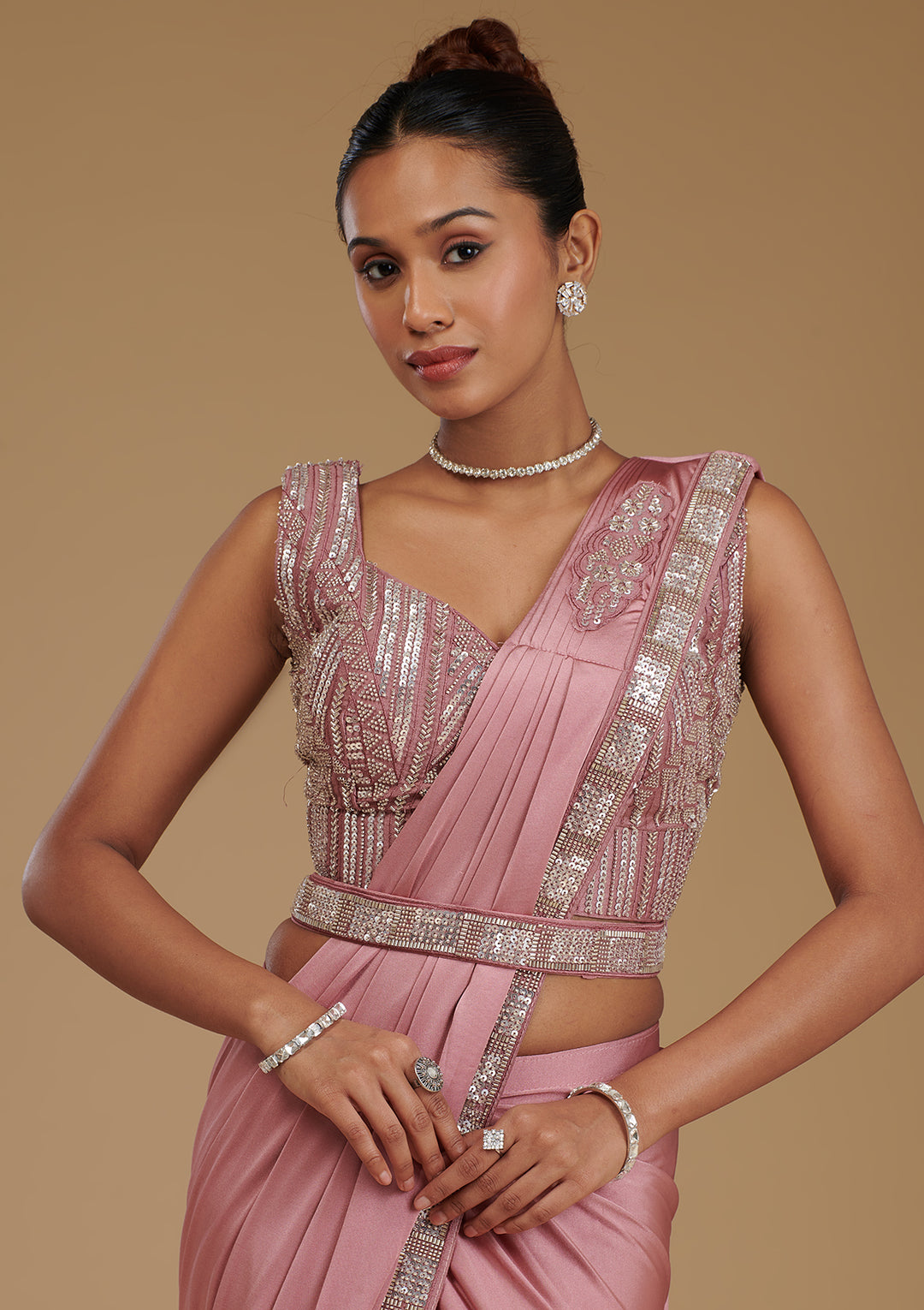 Onion Pink Cutdana Satin Readymade Saree