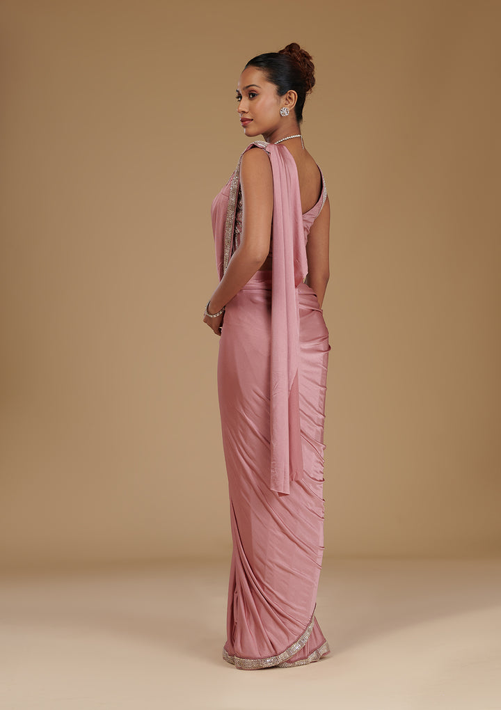 Onion Pink Cutdana Satin Readymade Saree