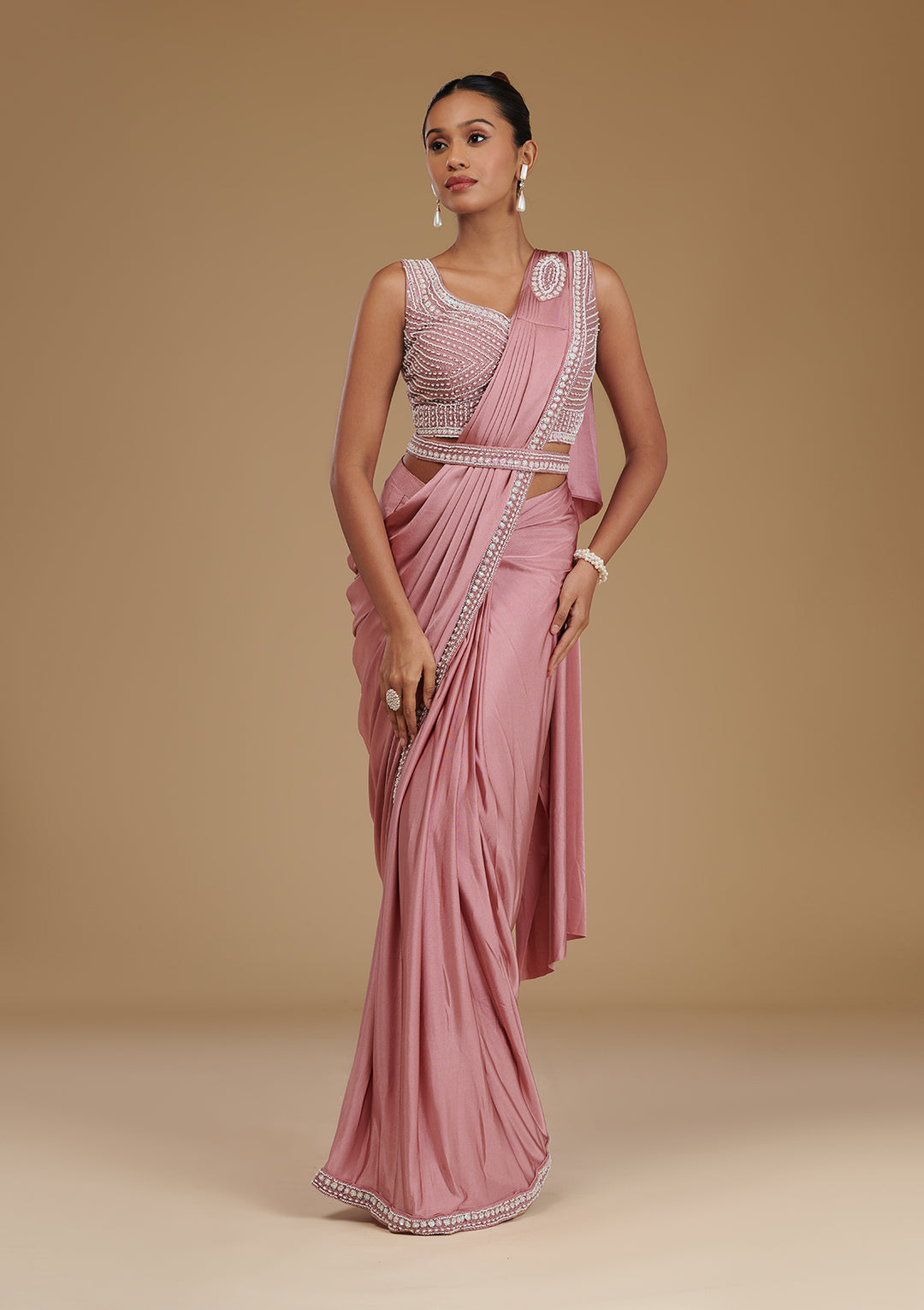Onion Pink Pearlwork Satin Readymade Saree