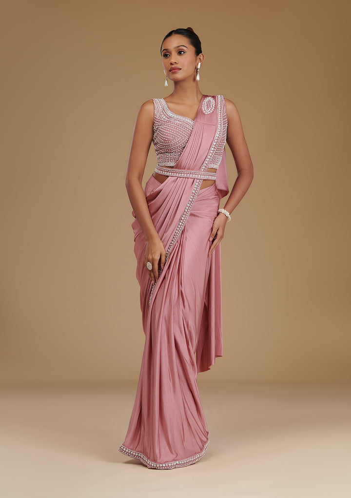Onion Pink Pearlwork Satin Readymade Saree