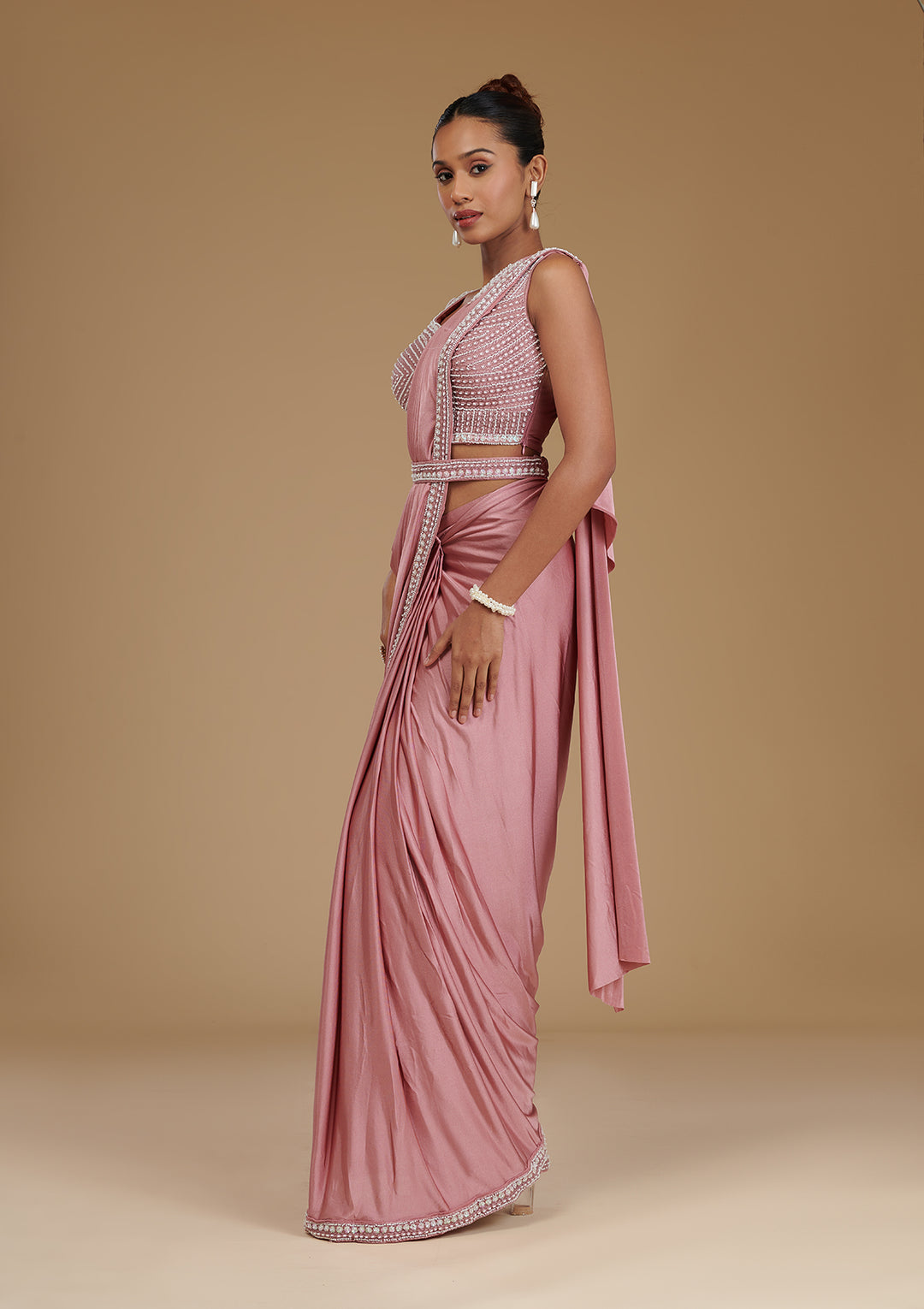 Onion Pink Pearlwork Satin Readymade Saree