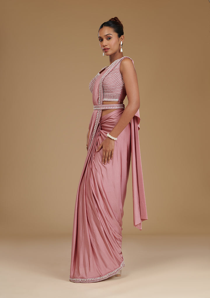 Onion Pink Pearlwork Satin Readymade Saree