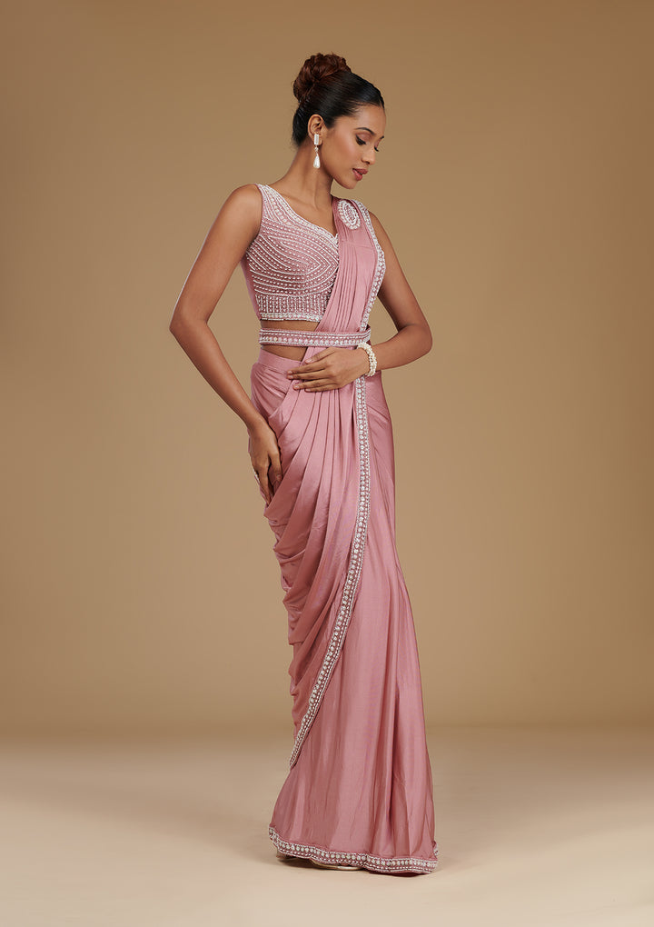 Onion Pink Pearlwork Satin Readymade Saree