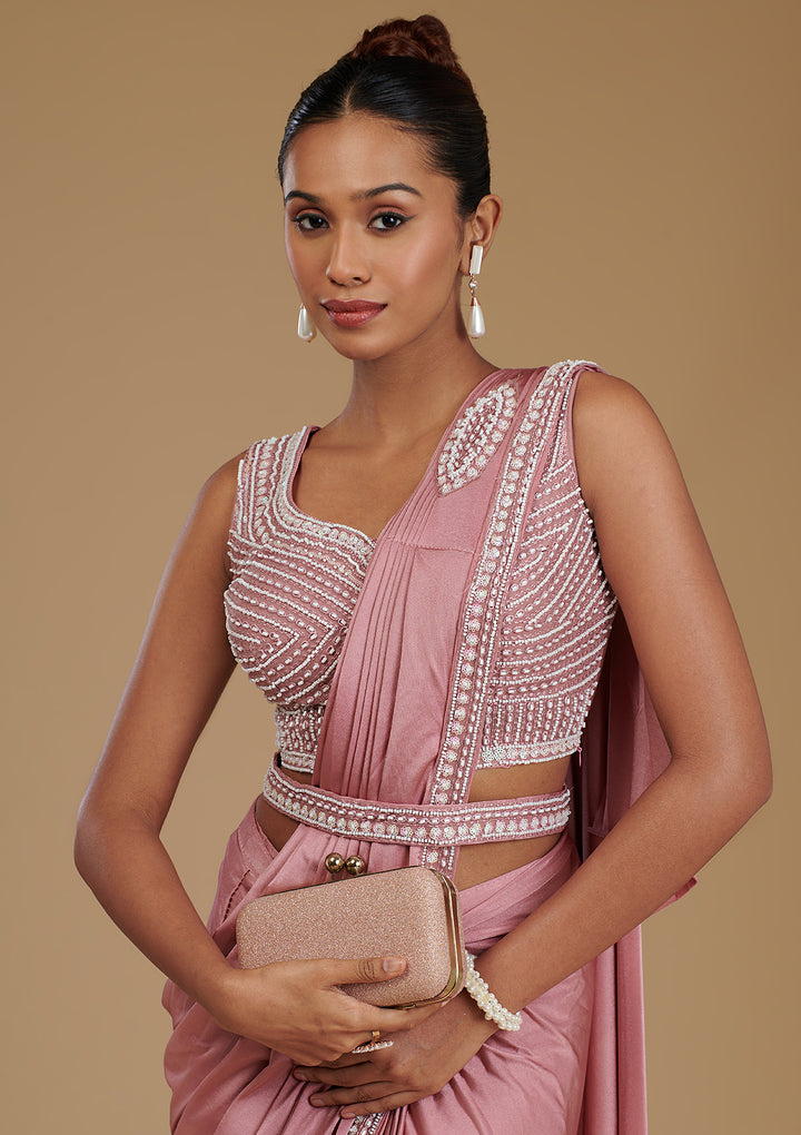 Onion Pink Pearlwork Satin Readymade Saree