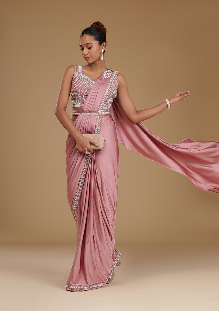 Onion Pink Pearlwork Satin Readymade Saree