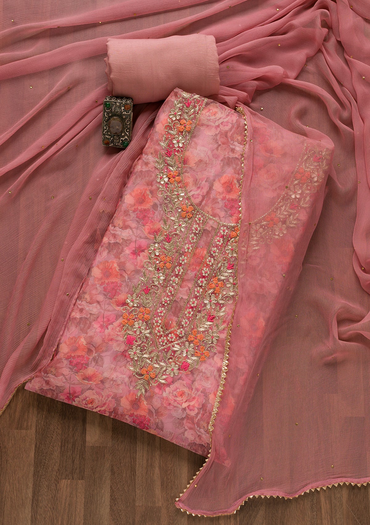 Onion Pink Printed Organza Unstitched Salwar Suit