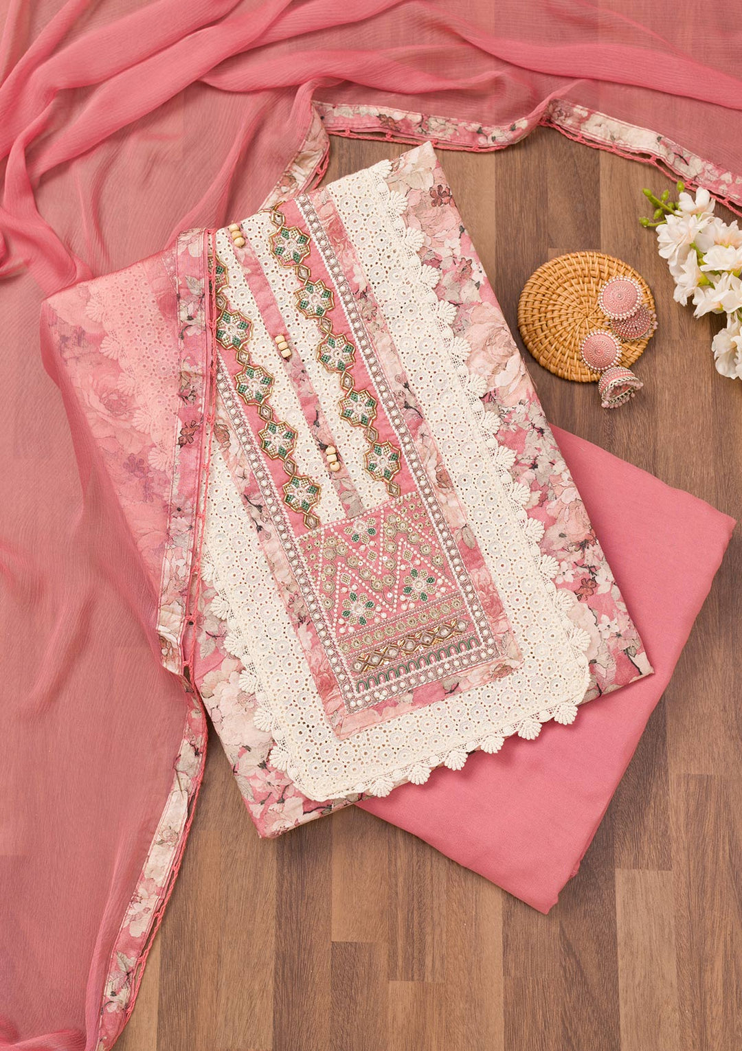 Onion Pink Printed Semi Crepe Unstitched Salwar Suit