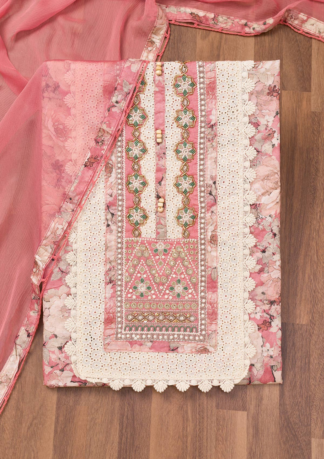 Onion Pink Printed Semi Crepe Unstitched Salwar Suit
