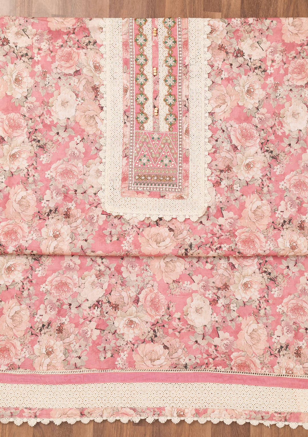Onion Pink Printed Semi Crepe Unstitched Salwar Suit