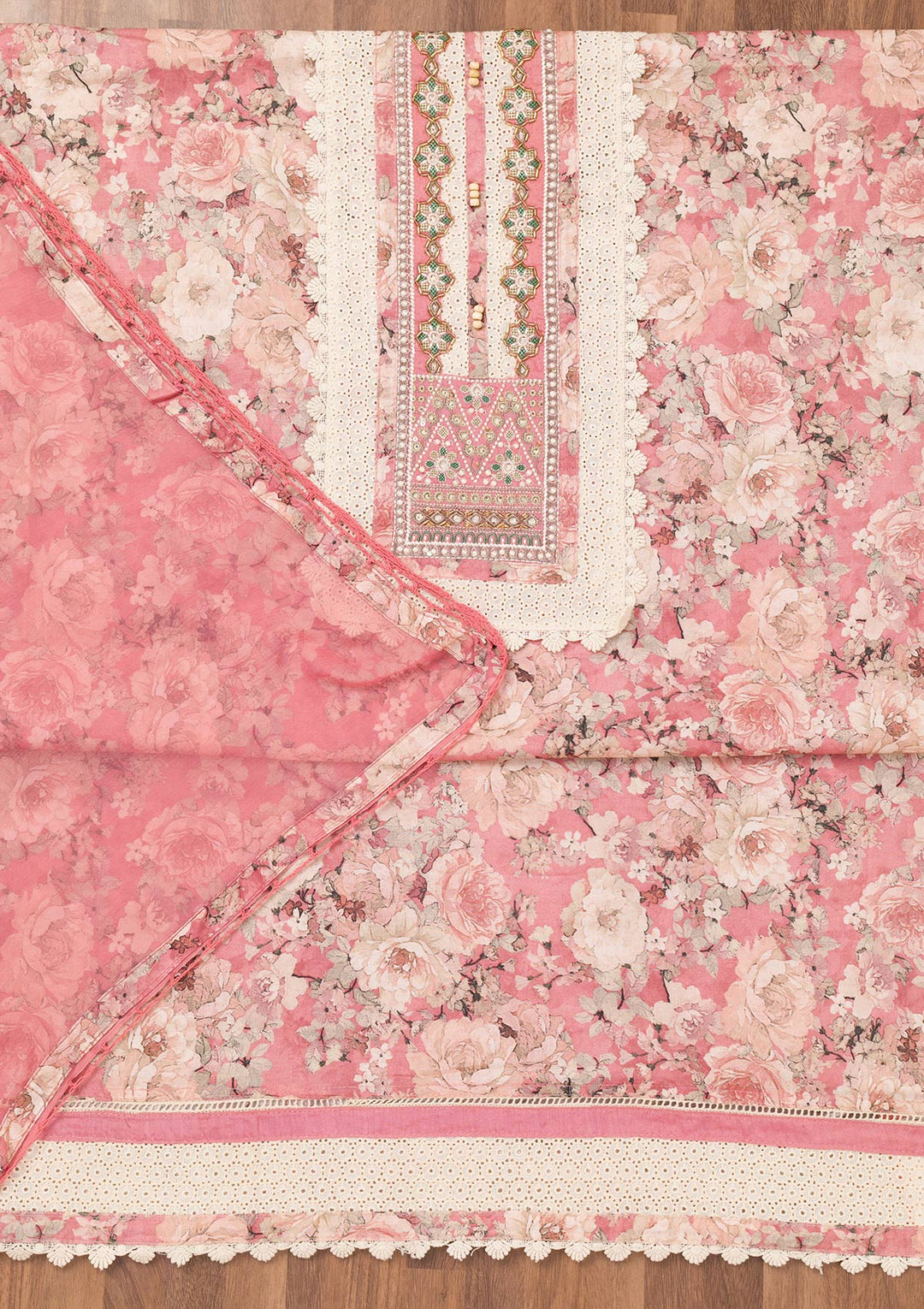 Onion Pink Printed Semi Crepe Unstitched Salwar Suit