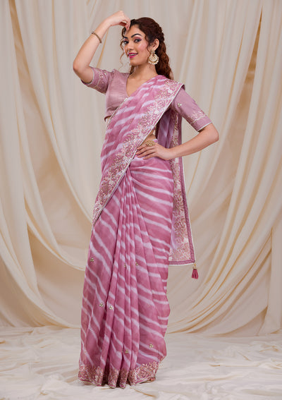 Onion Pink Printed Semi Crepe Saree-Koskii