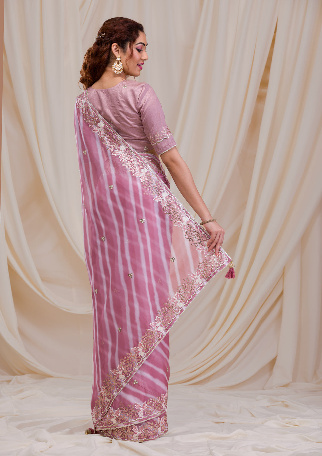 Onion Pink Lehriya Printed Semi Crepe Saree