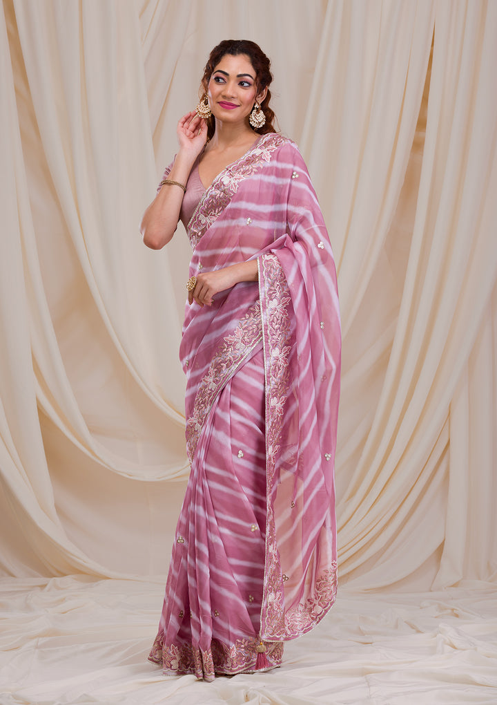 Onion Pink Lehriya Printed Semi Crepe Saree