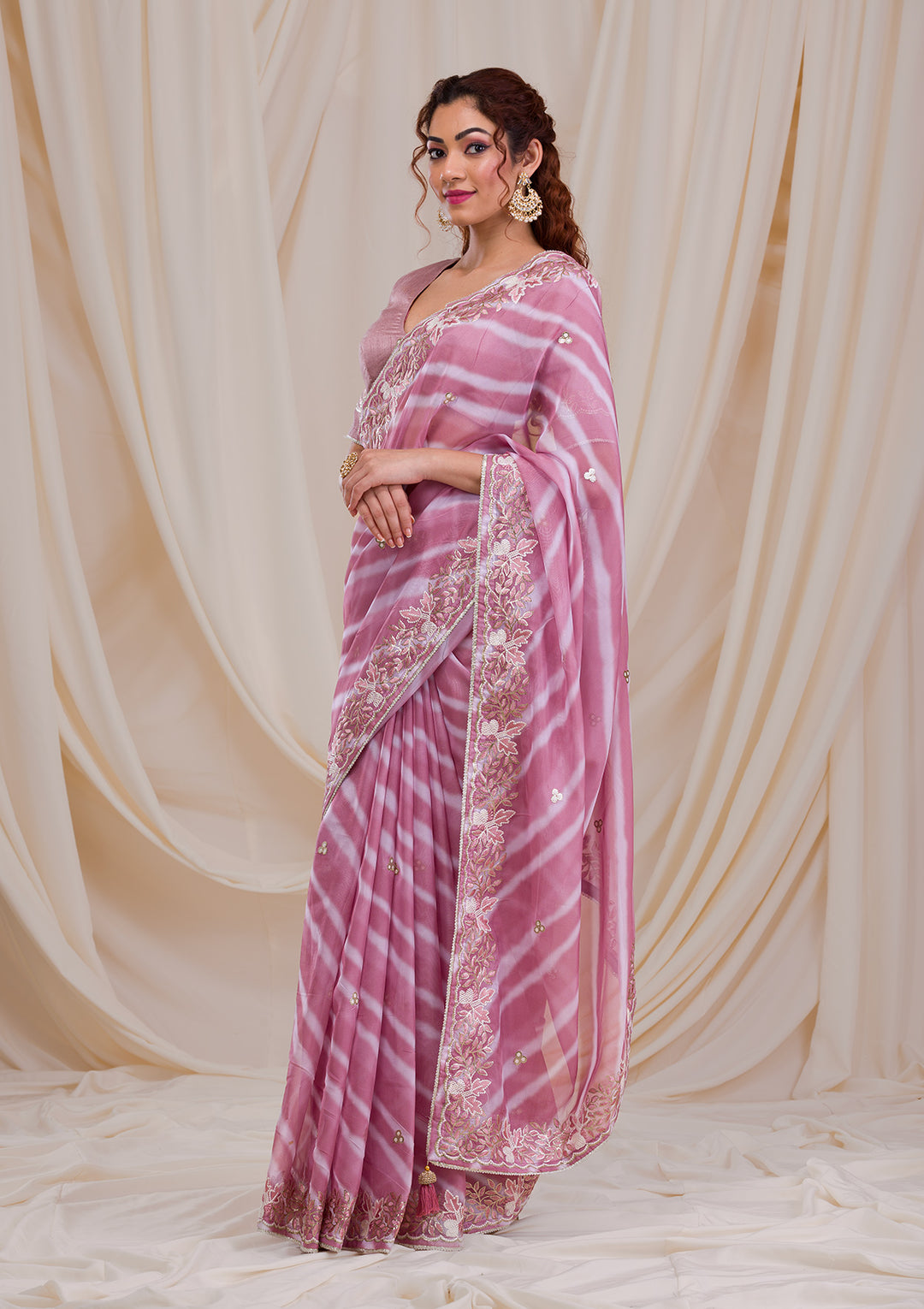 Onion Pink Lehriya Printed Semi Crepe Saree