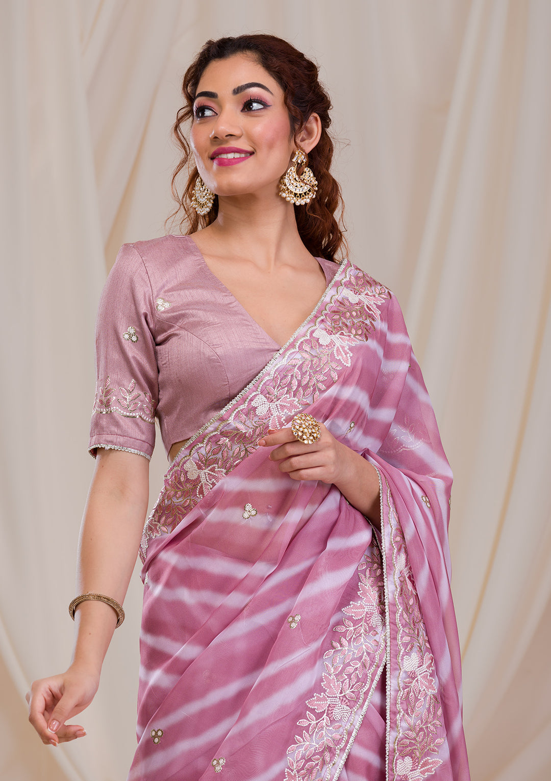 Onion Pink Lehriya Printed Semi Crepe Saree