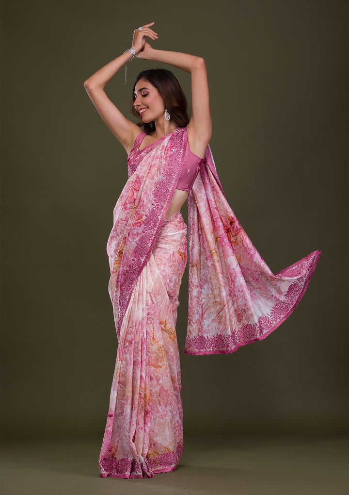 Onion Pink Printed Semi Crepe Saree-Koskii