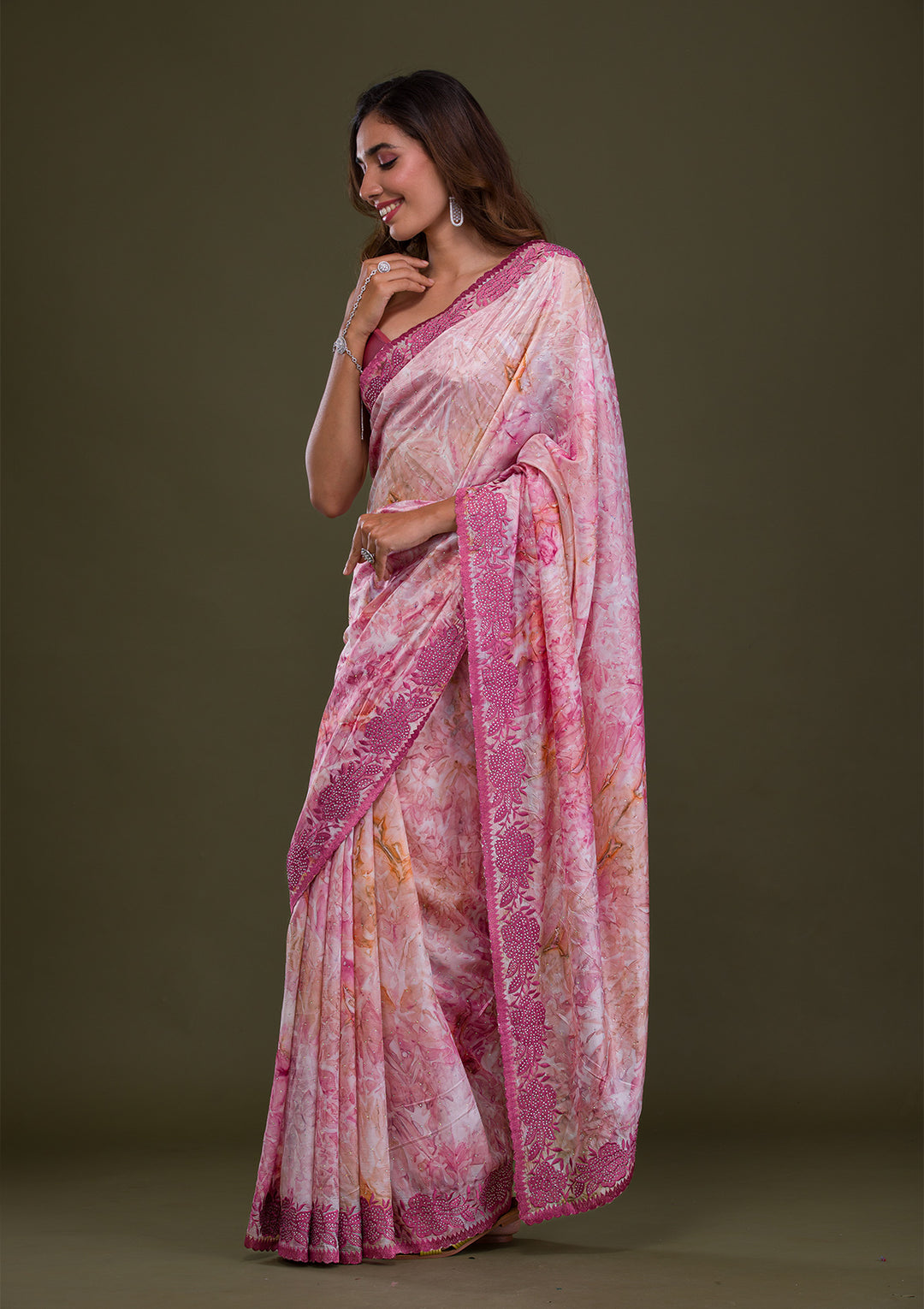 Onion Pink Printed Semi Crepe Saree
