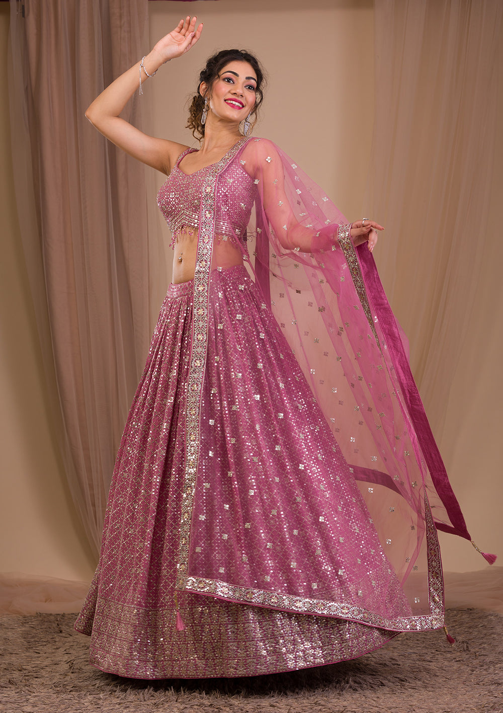 Onion Pink Sequins Georgette Readymade Lehenga-Koskii