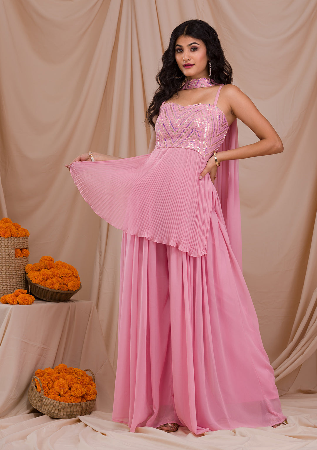 Onion Pink Sequins Georgette Readymade Salwar Suit-Koskii